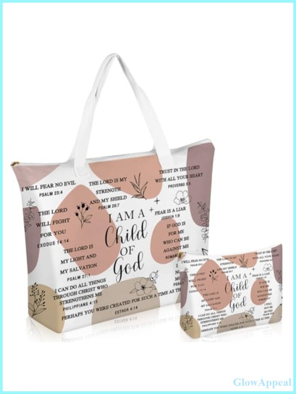 Christian Canvas Tote Bag Set with Makeup Bag Bible Verse Beach Bag